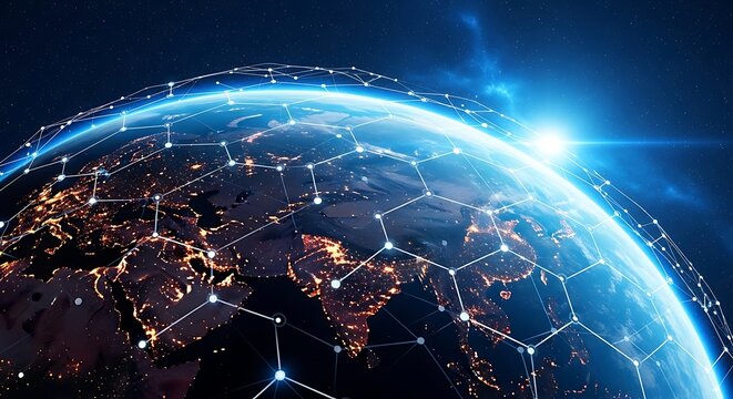 Global Network Connecting the World: Futuristic Digital Communications Across Planet Earth with City Lights and Bright Horizon.