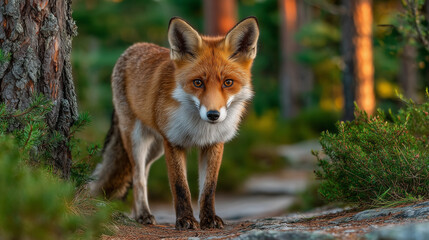 Fototapeta premium Beautiful fox standin in the middle of forest.