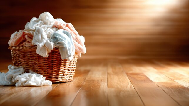 A laundry basket filled to the brim with neatly folded and wrinkled clothes, highlighting the daily chores of life and the comforts of home, inviting a sense of organization. - Powered by Adobe