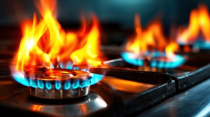 Vivid flames dancing on a gas stove burner, capturing the essence of heat and energy involved in cooking, a fascinating play of fire and color.