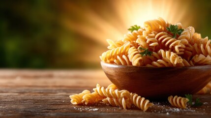 A tempting bowl of spiral pasta garnished with fresh herbs captures the essence of culinary delight, inviting food lovers to savor its warmth and deliciousness amidst a rustic setting.