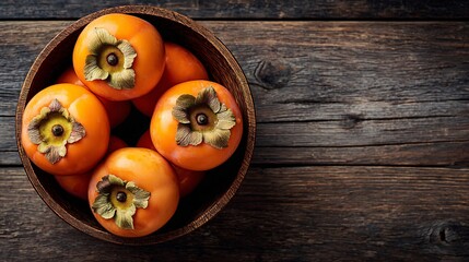 A bowl of fresh Fuyu persimmons on a rustic wood table, top-down view, space for text