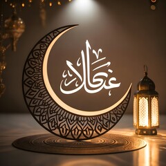 "A softly illuminated decorative scene with an Islamic-inspired ambiance. A glowing crescent moon-shaped lamp hangs, with elegant calligraphy text inside it. Beside it, a traditional ornate lantern em