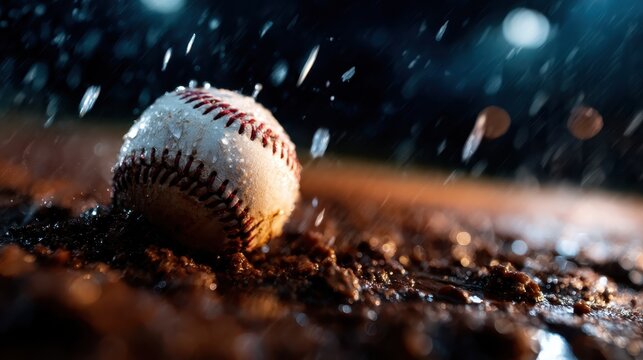 A close-up view of a water-drenched baseball lying on wet ground, capturing the essence of a rainy game day, with raindrops glistening in the surrounding light.