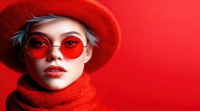 A striking portrait of a stylish woman dressed in red accessories, exuding confidence and charisma, set against a bold red background for a captivating visual experience.