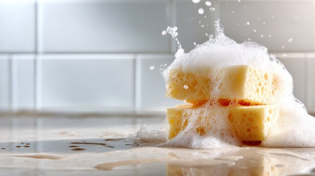 A visual of yellow sponges covered in bubbles highlights cleanliness and hygiene, offering an inviting and refreshing ambiance, making it perfect for cleaning product promotions.