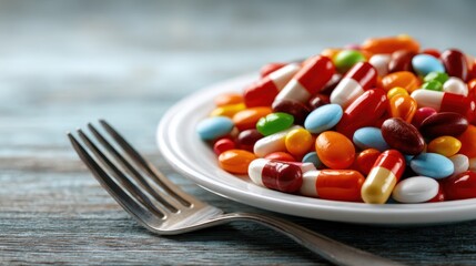A colorful assortment of candies and pills beautifully arranged on a plate, juxtaposing the playful nature of sweets with the clinical feel of medicine in an artistic display.