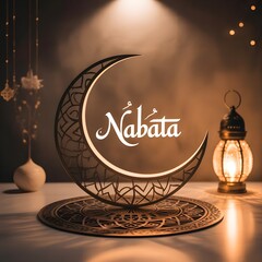 "A softly illuminated decorative scene with an Islamic-inspired ambiance. A glowing crescent moon-shaped lamp hangs, with elegant calligraphy text inside it. Beside it, a traditional ornate lantern em