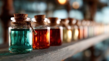 An enchanting display of colorful potion bottles, each filled with mysterious liquids, evoking an aura of magic and curiosity about their contents and uses.
