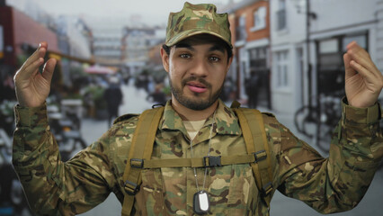 Fototapeta premium Hispanic man in camouflage military uniform gestures with upraised hands and dogtags on city street; duty.