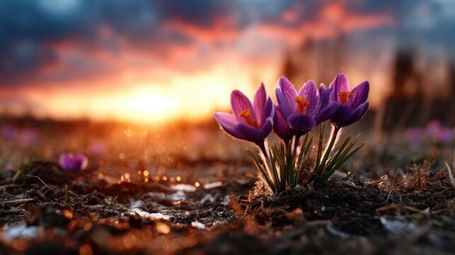 A cluster of stunning purple crocuses blooming in the golden light of sunset, capturing the essence of spring and the beauty of nature’s awakening.