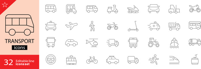 Transport icons set. Containing car, bike, plane, train, bicycle, motorbike, bus, and scooter. Editable stroke. Outline icons. Vector illustration. Perfect for traveling and infographics. 