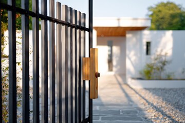 Obraz premium Modern black steel gate opens to a minimalistic white house with stone path in early morning light
