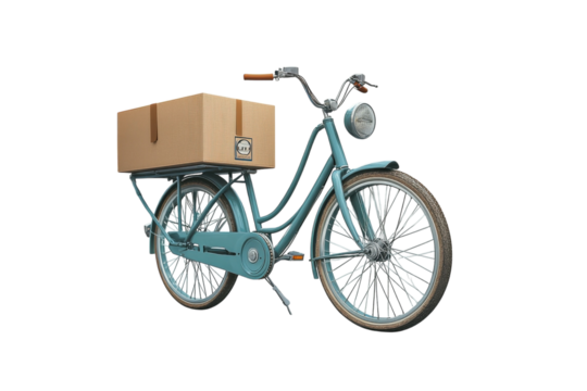 Vintage cargo bicycle with a large cardboard box prepared for delivery on a sunny day
