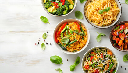 Different vegetable noodles in bowls on white wooden table, flat lay. Vegetarian dish