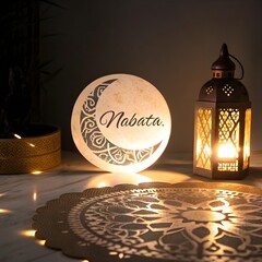 "A softly illuminated decorative scene with an Islamic-inspired ambiance. A glowing crescent moon-shaped lamp hangs, with elegant calligraphy text inside it. Beside it, a traditional ornate lantern em