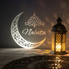 "A softly illuminated decorative scene with an Islamic-inspired ambiance. A glowing crescent moon-shaped lamp hangs, with elegant calligraphy text inside it. Beside it, a traditional ornate lantern em