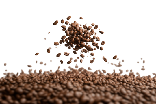 Flying coffee beans in a low resolution, creating an artistic display of movement and texture against a transparent background, capturing the essence of fresh coffee