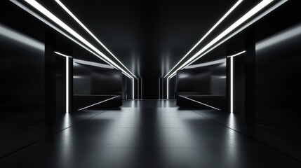 3d rendering of black abstract geometric dark architecture background. Scene for advertising design, showroom, technology, future, modern, sport, game, metaverse, cosmetic, garage. Sci Fi Illustration