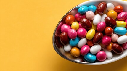 Obraz premium A vibrant bowl filled with an assortment of colorful candies contrasts beautifully against a bright yellow backdrop, capturing the essence of joy, sweetness, and playful indulgence.