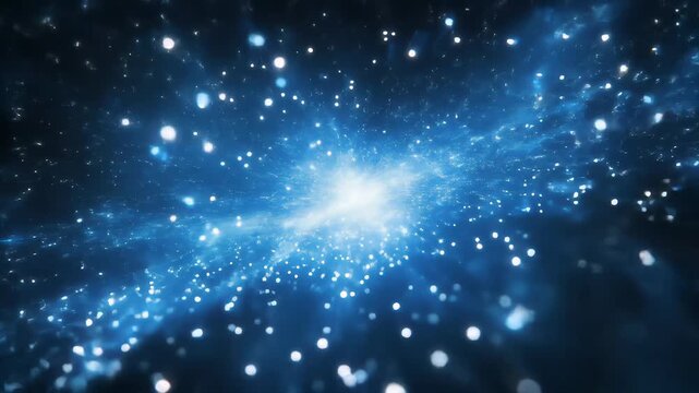 Radiant cosmic burst with central light source and scattered white particles on deep blue space background
