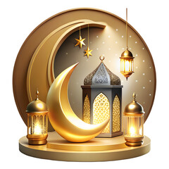 "A softly illuminated decorative scene with an Islamic-inspired ambiance. A glowing crescent moon-shaped lamp hangs, with elegant calligraphy text inside it. Beside it, a traditional ornate lantern em