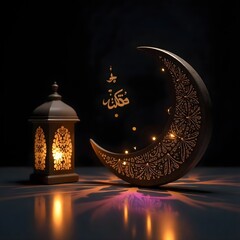 "A softly illuminated decorative scene with an Islamic-inspired ambiance. A glowing crescent moon-shaped lamp hangs, with elegant calligraphy text inside it. Beside it, a traditional ornate lantern em