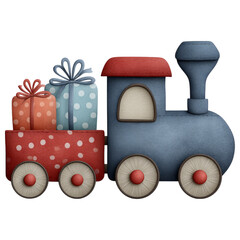 Christmas train with colorful gift props in red and blue polka dots carrying festive presents for holiday decoration and joyful celebration