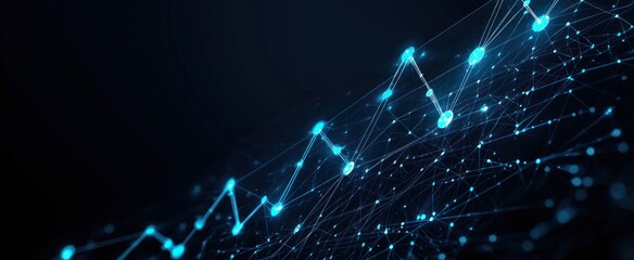Abstract 3d growth chart in dark blue. Business, financial, analytics concept. Digital 3D monochrome graph with connected dots, lines and shapes. Low poly diagram wireframe looks like starry sky