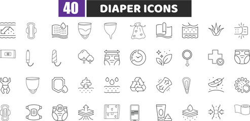 bsorbent Hygiene Line Icons | Baby Diaper and Menstrual Pad Vector Symbols