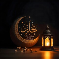 "A softly illuminated decorative scene with an Islamic-inspired ambiance. A glowing crescent moon-shaped lamp hangs, with elegant calligraphy text inside it. Beside it, a traditional ornate lantern em