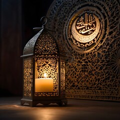"A softly illuminated decorative scene with an Islamic-inspired ambiance. A glowing crescent moon-shaped lamp hangs, with elegant calligraphy text inside it. Beside it, a traditional ornate lantern em