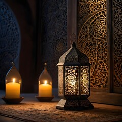 "A softly illuminated decorative scene with an Islamic-inspired ambiance. A glowing crescent moon-shaped lamp hangs, with elegant calligraphy text inside it. Beside it, a traditional ornate lantern em