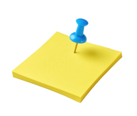 Blue Pushpin on Yellow Sticky Note with Transparent Background