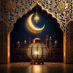 "A softly illuminated decorative scene with an Islamic-inspired ambiance. A glowing crescent moon-shaped lamp hangs, with elegant calligraphy text inside it. Beside it, a traditional ornate lantern em