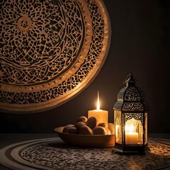 "A softly illuminated decorative scene with an Islamic-inspired ambiance. A glowing crescent moon-shaped lamp hangs, with elegant calligraphy text inside it. Beside it, a traditional ornate lantern em