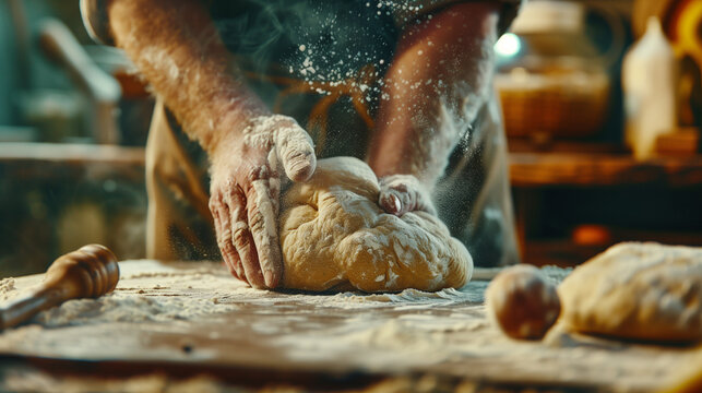 close up of chef's hands kneading dough for pizza base with flour splash in air, cinematic food photography background 