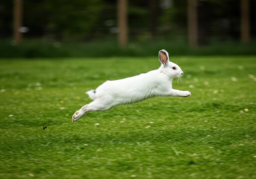 A fluffy white rabbit leaping gracefully across a lush green grassy field