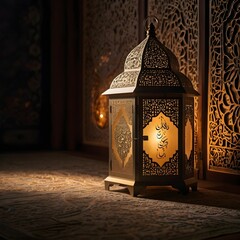 "A softly illuminated decorative scene with an Islamic-inspired ambiance. A glowing crescent moon-shaped lamp hangs, with elegant calligraphy text inside it. Beside it, a traditional ornate lantern em
