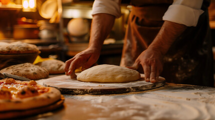 baker kneading dough on the table, warm lighting 