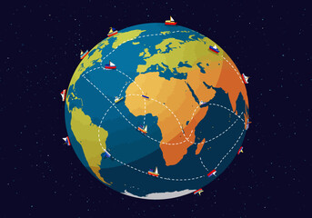 Naklejka premium Illustrated Earth Globe with Sailing Ships and Dotted Travel Routes.