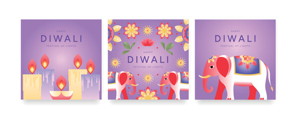 Set of Happy Diwali Festival of Lights banners with Elephants, candles, oil lamps, lotus flowers, mandala ornaments on purple background. Vector illustration for greeting cards, posters, social media.