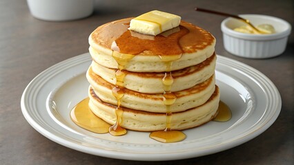 Stack of pancakes with butter and syrup on a plate