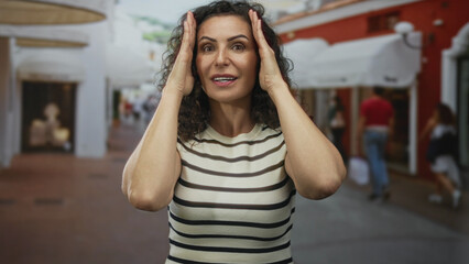 Hispanic woman in striped shirt holds hands to head on sunlit city street flanked by white awnings...