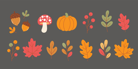 Charming fall-themed illustration with pumpkins, mushrooms, berries, acorns, and autumn leaves – festive seasonal design for harvest celebrations and decor.