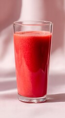Ultimate strawberry energy juice in clear glass with bright tone, space for morning vitality quote