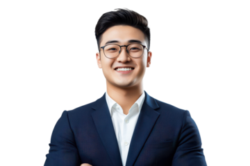 Confident young man in smart attire smiling while crossing his arms, isolated on a white background