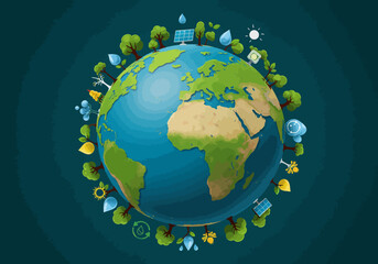 Naklejka premium Illustrated Earth Globe with Environmental Icons and Green Energy.
