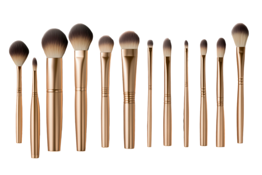 Essential professional makeup brushes set featured in a low resolution isolated view, showcasing various types and sizes for versatile application needs
