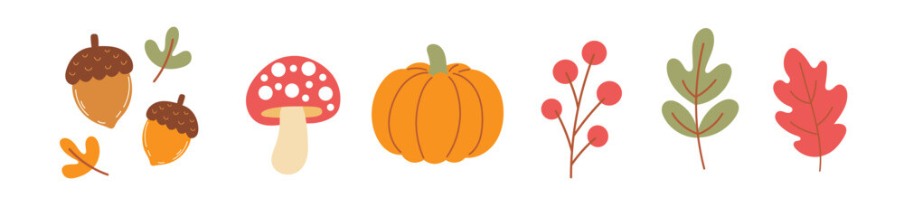 Colorful autumn composition – cozy pumpkin, mushroom, acorns, and leaves, ideal for greeting cards, posters, invitations, and fall holiday projects.
